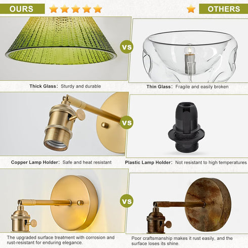 Hardwired Wall Sconce Light, Vintage Wall Sconce with Switch, Gold Wall Light Fixture with Gradient Green Glass