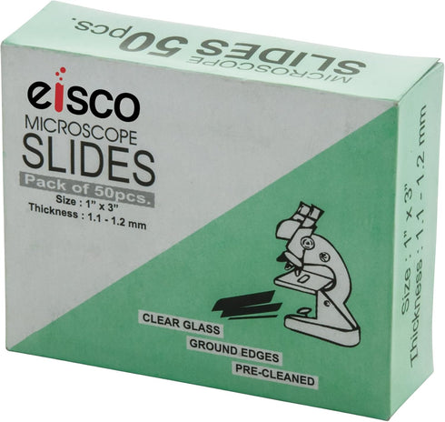 Eisco Labs Microscope Glass Slide - Plain, Pack of 50, Size 75 x 25 mm, Thickness 1.1-1.2