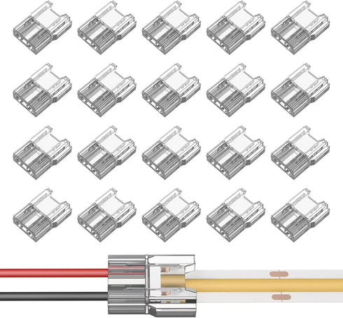 COB LED Light Strip Connectors - 20pcs 8mm 2Pin Solderless LED Tape Light Connectors for DIY COB/SMD Strip Lights
