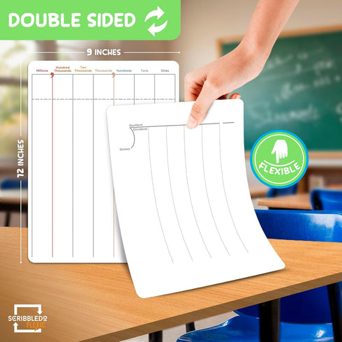 SCRIBBLEDO Division & Place Value Math Practice, 9”x12” Small White Board Dry Erase Sheets, Classroom Pack of 10