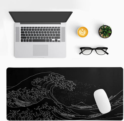 Large Japanese Sea Wave Mouse Pad, Extended Kanagawa Anime Black Gaming Mat, 31.5 x 11.8 Inch, 3mm Thick Non-Slip