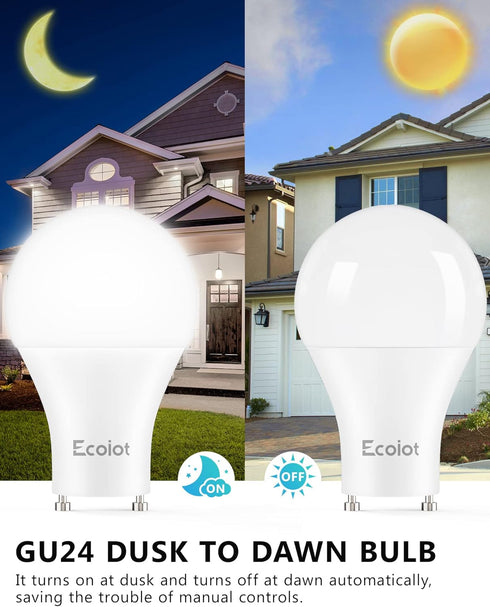 GU24 Dusk to Dawn Outdoor Light Bulbs, Light Sensor A19 LED, Automatic On/Off, 10-Watt (90-Watt Equivalent), 4 Pack
