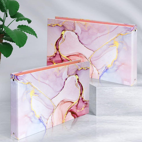 Legal-Size Binder for 8.5 x 14 Paper, 3 Ring Binder, 1 Inch, Landscape with Elastic Cord, Pink Marble