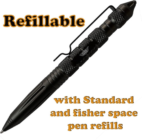 Uzi Tactical Pen with CuffKey in the Cap, Refillable Ultra Durable Aircraft Aluminum Ballpoint Pen, Writing Tactical Pen