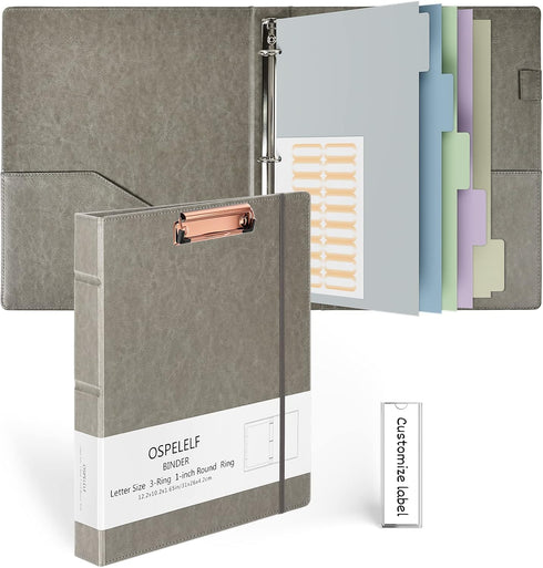 Ospelelf 1 Inch 3 Ring Binder with Clipboard, Leather Binder for Letter Size, 5 Tab Dividers, Office Supply Grey