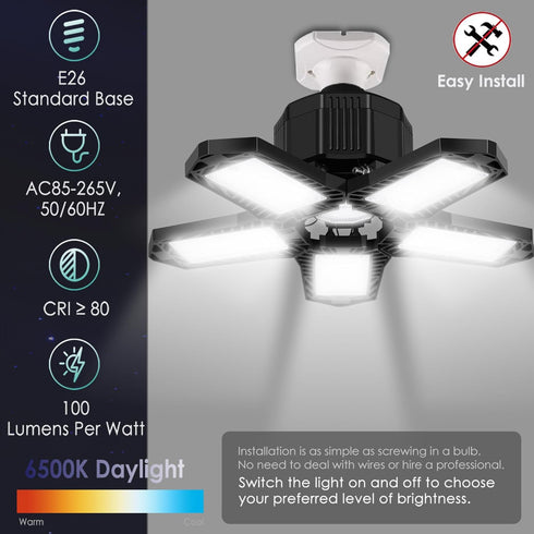 BRAINIAC LED Garage Light Bulbs, 100W 10000LM Super Bright Garage Lighting with 5 Adjustable Panels, E26/E27 Screw-in Deformable Led Garage Ceiling Light Fixture for Warehouse, Corridor, Stadium by BRAINIAC