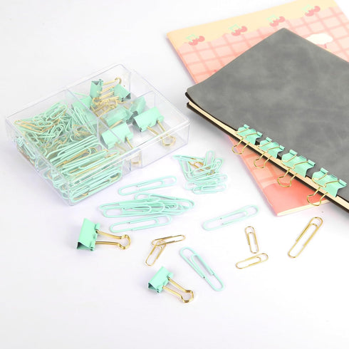 Cute Paper Clips and Binder Clips Combo Set, 165 Pcs Assorted Size Office Supplies, Green