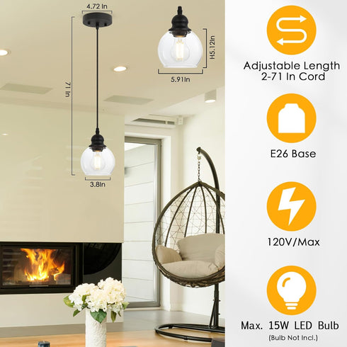 BoostArea Modern Pendant Light Fixtures, Industrial Hanging Ceiling Lamp with Clear Glass Shade, Pendant Lighting
