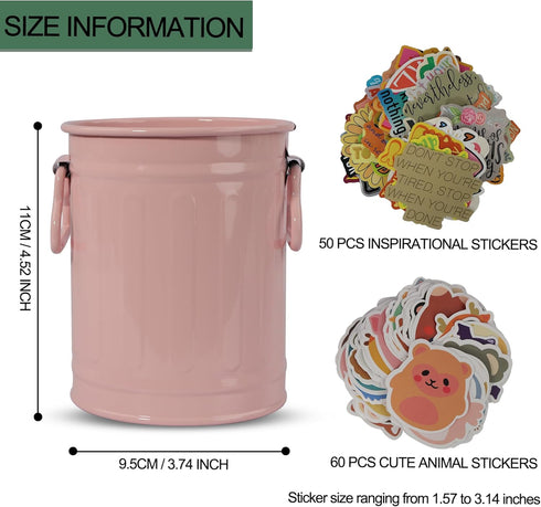 Pen Holder Cup for Desk, 2 Pack (Pink) with 60 Pcs Cute Animal & 50 Pcs Inspirational Stickers, Metal Marker Organizer