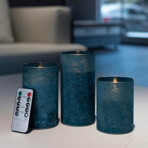 ANGELLOONG Blue Flameless Candles with Remote, Flickering Led Candles with Timer, Electric Pillar Candles for Bathroom