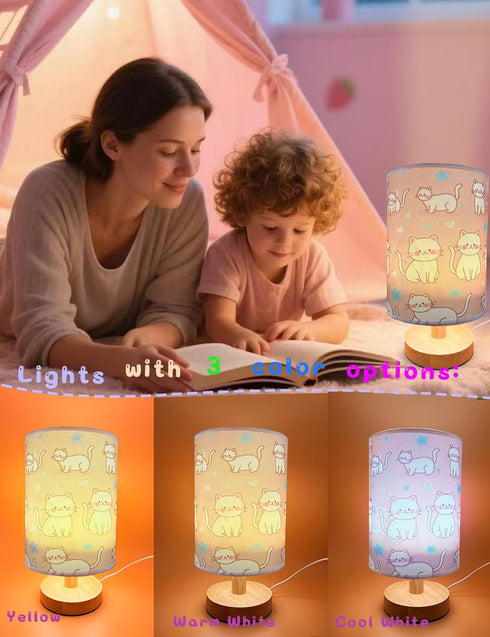HYLING 3 9 Cat Lamp, Kitty Night Light, Color Changing LED Night Light with Brightness Levels Wood Nightstand Desk Base