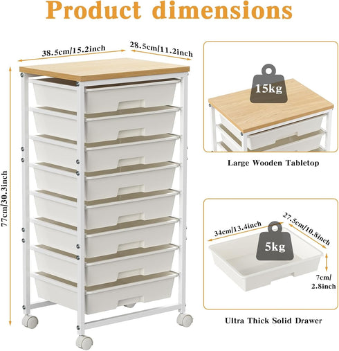 Shulemin 8-Drawer Drawer Organizer, Rolling Storage Cart with Wooden Tabletop & Lockable Wheels Mobile Craft Cart