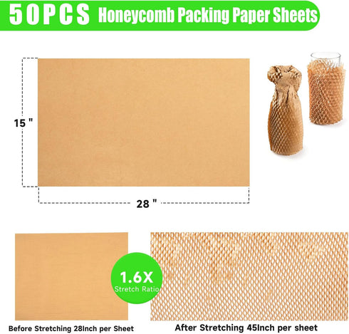 Packing Paper Sheets For Moving, MINHAO Honeycomb Packing Paper Sheets with 1.6X Stretchability for Shipping, Box Filler, Wrapping and Protecting Fragile Items Easy Use 2.36 Lbs (50 Sheets, 28"x15")