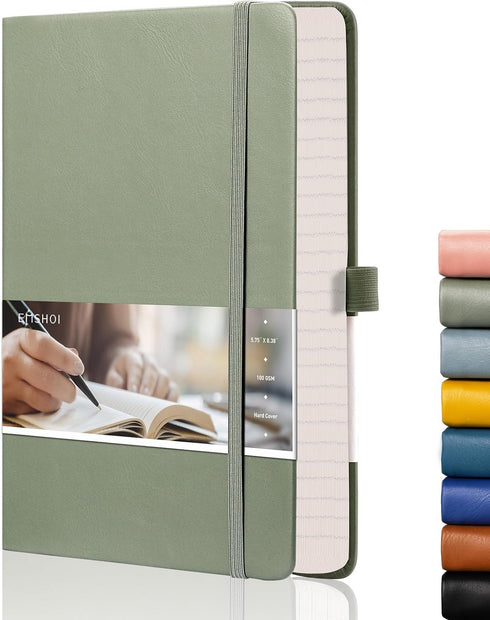 EMSHOI Lined Journal Notebook, 120gsm Thick Leather Journal with Sticky Notes, 256 Pages A5 Hardcover Green