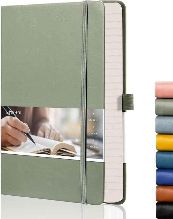 EMSHOI Lined Journal Notebook, 120gsm Thick Leather Journal with Sticky Notes, 256 Pages A5 Hardcover Green