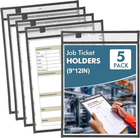 Job Ticket Holders 5 Pack 9x12 - Document Holder, Plastic Sleeves for Paper, Dry Erase Pockets, Clear Ticket Holder