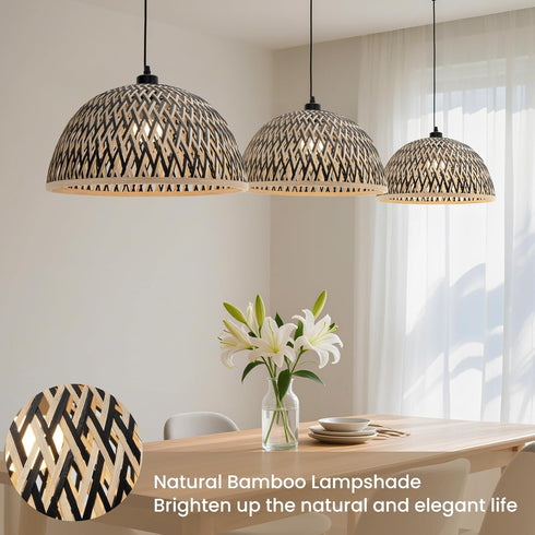 9.84 inch Bamboo Pendant Light Fixture, One-Light Adjustable Boho Handmade Woven Pendant Lighting for Kitchen Island