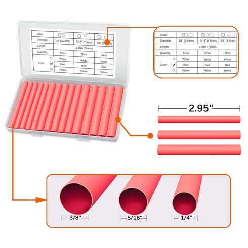 Heat Shrink Tubing Kit - 3:1 Ratio, 1/4", 5/16", 3/8" Tube, Red Wire Shrink Wrap Protector for Electrical Tubing