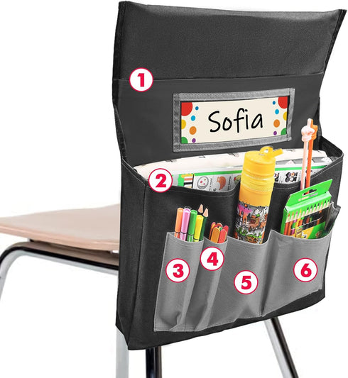 Black Chair Back Pocket Organizer, School Seat Storage Pocket with Label Slot and Multiple Pockets for Classroom