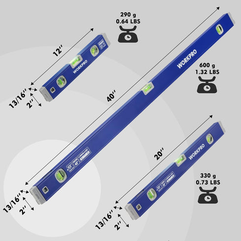 3-Piece Set (12", 20", 40") 12" 45/90/180 WORKPRO Spirit Level with Magnetic Torpedo Level, Bubbles Measuring, Open Top