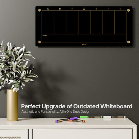 Yeoux Black Glass Golden Weekly Dry Erase Calendar Whiteboard 23x9.5" for Home Office, 7 Days Planner, 4 Markers