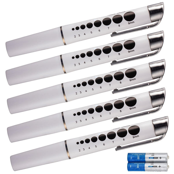 NOVAMEDIC 5 Pack LED Pen Light with Pupil Gauge, Reusable Medical Diagnostic Penlight
