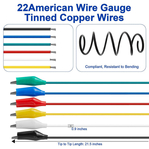 12PCS Alligator Clips Electrical, 6 Colors Premium Test Leads Set, 22AWG Flexible Copper Wire for Test Probes, 21.5