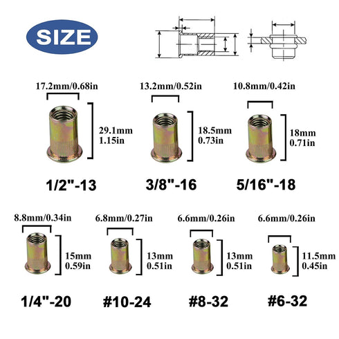 TR TOOLROCK 860pcs 6#-32, 8#-32, 10#-24, 1/4"-20, 5/16"-18, 3/8"-16, 1/2"-13, Rivet Nut Kit, SAE UNC Rivet Nuts