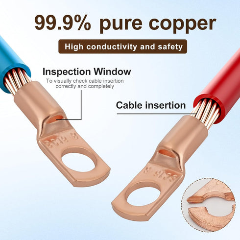Thick Copper Electric Wire Lugs, 10Pcs Bare Copper Gauge 6Awg-5/16"(M8) Ring Heavy Duty Battery Cable Lugs with 10Pcs