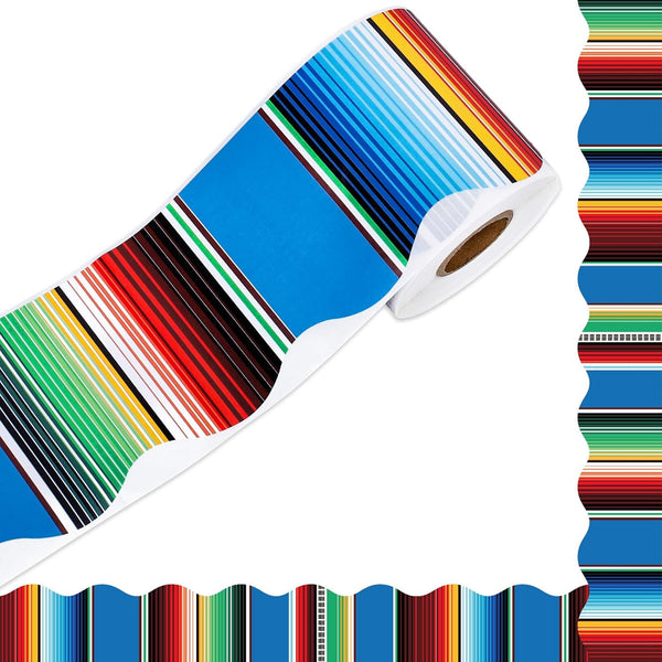 Whaline 65.6Ft Mexican Fiesta Bulletin Board Border, Colorful Stripes Scalloped Trim for Summer Classroom Decor