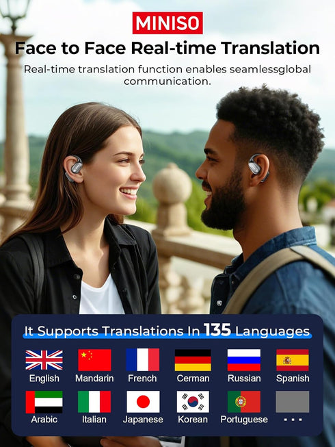 MS190 135 6.0, 60Hrs MINISO Language Translator Earbuds, AI Translation Earbuds Real Time with Languages, Bluetooth LED
