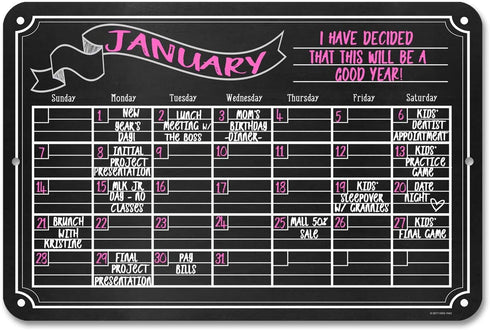 Monthly Wall Calendar Chalkboard Style Board, 12x18 Inch Tin Sign, Durable & Easy to Hang, Customizable with Liquid
