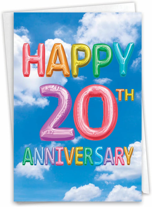 The Best Card Company 20th Milestone Anniversary Card - Envelope for Men, Women, and Couple (Not Actual Balloons)