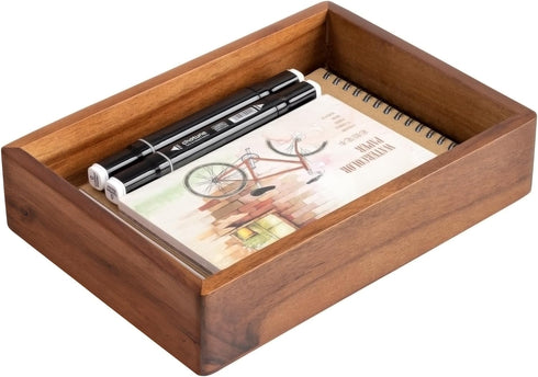 Desk Accessories Tray, 9.5x6.7x2 inch Office Box Tray for Pens, Stapler, Notes, Wooden Stationery Saver