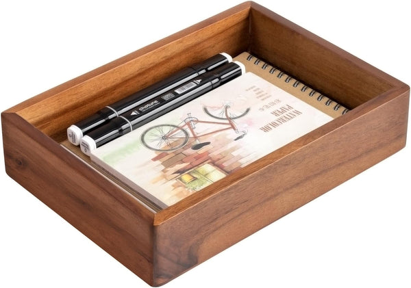 Desk Accessories Tray, 9.5x6.7x2 inch Office Box Tray for Pens, Stapler, Notes, Wooden Stationery Saver