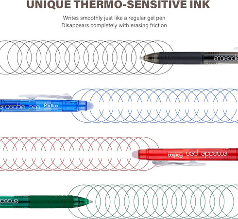 ParKoo Retractable Erasable Gel Pens, 0.7 mm Fine Point, 12-Pack with 4 Assorted Color Inks