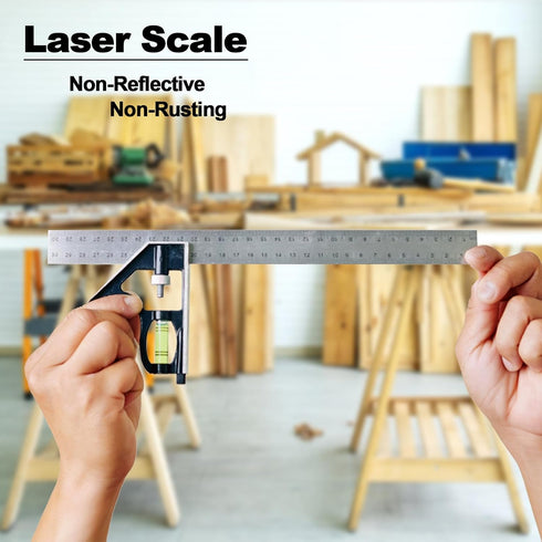 12" Metric Combination Square Ruler for Electricians and Carpenters, 45-90 Degree Marking Square, Bubble Level Tool