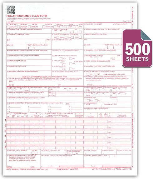 CMS 1500 1500 02/12) 8-12" 11", 500 Pack NextDayLabels - / HCFA Insurance Claim Forms - Laser/Ink-Jet Compatible (New