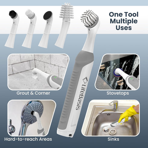5 LifeBasis Rechargeable Power Scrubber, Cordless Electric Cleaning Brush, Water Resistant Small Electric Grout Brush