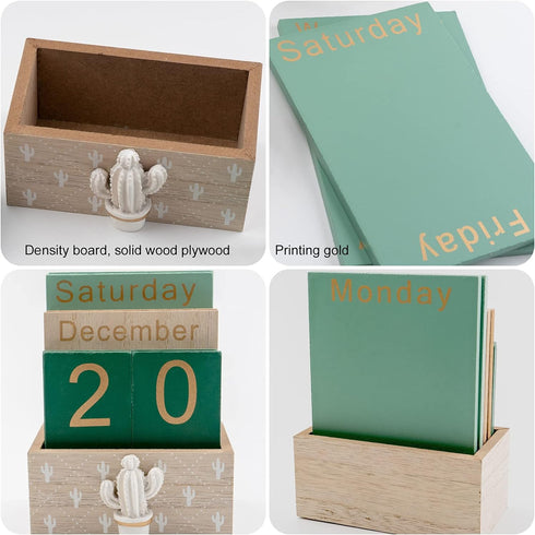 Notakia Perpetual Calendar, Vintage Wooden Calendar for Home Office Desk Accessories (Green)