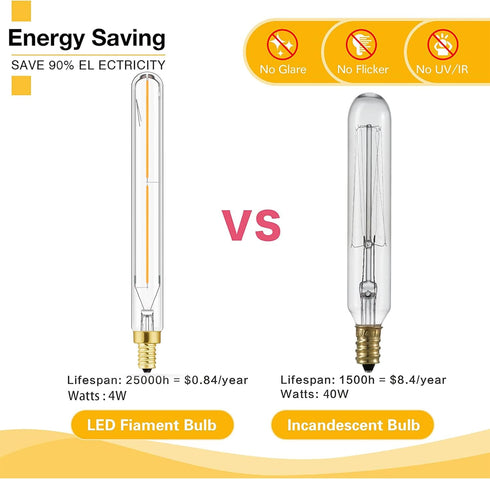 LEOOLS E12 LED Long Bulb, 7.3Inch Tubular Light Bulbs, 40W Dimmable Clear Glass Warm White, 6 Pack