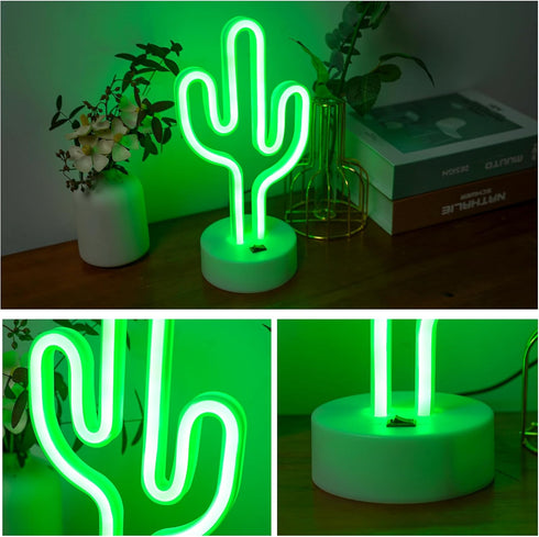 Summer, Green Cactus Neon Lights with Holder Base, Cactus Neon Signs for Bedroom, Tabletop, Bar, Birthday, Christmas