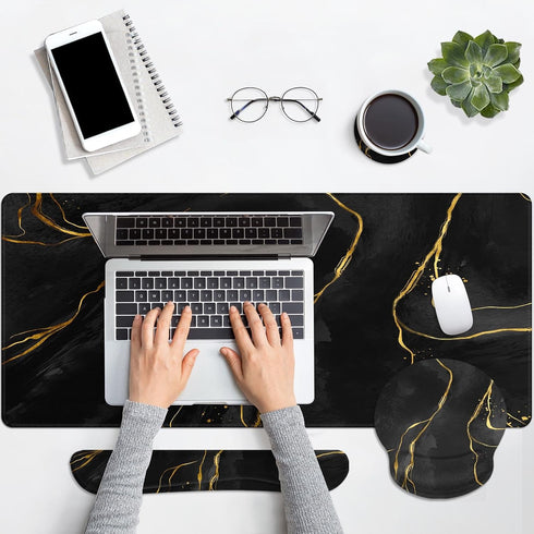 Britimes Set 4in1 35.4x15.7 inches Black Gold Marble Keyboard Mouse Pad Large Mousepad+Keyboard Wrist Rest+Mouse Wrist