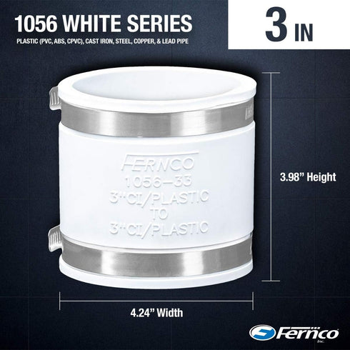 Fernco 1056-33 3-in. Flexible PVC Pipe Coupling for Cast Iron and Plastic Plumbing Connections, White