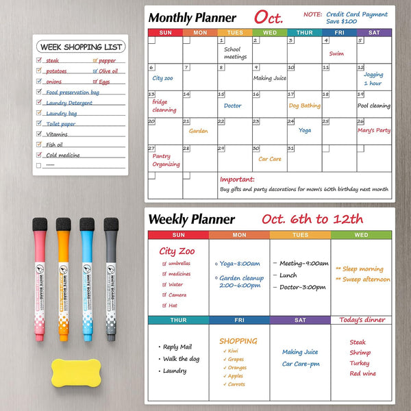 Dry Erase Magnetic Calendar for Refrigerator, 3 Pack - Monthly, Weekly, Daily Planner Magnet Whiteboard, 14"x11"