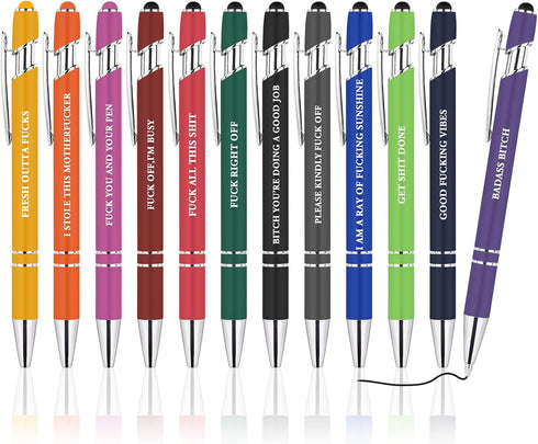 AUAUY 12 PCS Funny Pens, Fun Ballpoint Pen Set with 12 Replacement Refills, 2 in 1 Metal Stylus Pens, Funny Office