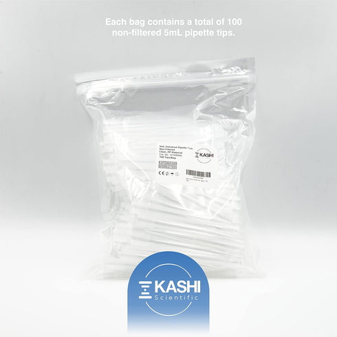 5mL Pipette Tips, Kashi Scientific Universal Non-Filter Sterile Pipette Tips with Clear Graduation, Bag of 100 Tips