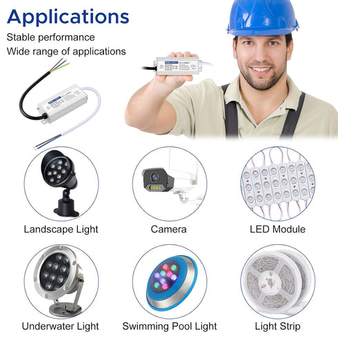 Waterproof IP67 LED Driver Power Supply 12V 24W 2A, 110V AC to 12V DC Converter for Indoor and Outdoor LED Lighting