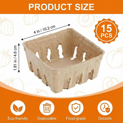 QMNWJMR 15 Pack Natural Pulp Fiber Berry Basket, Small Vented Produce Baskets for Farmers Market Display, Fruit