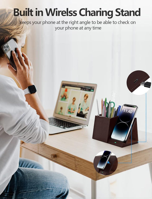 Desk Supplies Organizer with Multi-Functional Pencil Pen Holder and Wireless Charger, Home Office Storage Box Caddy